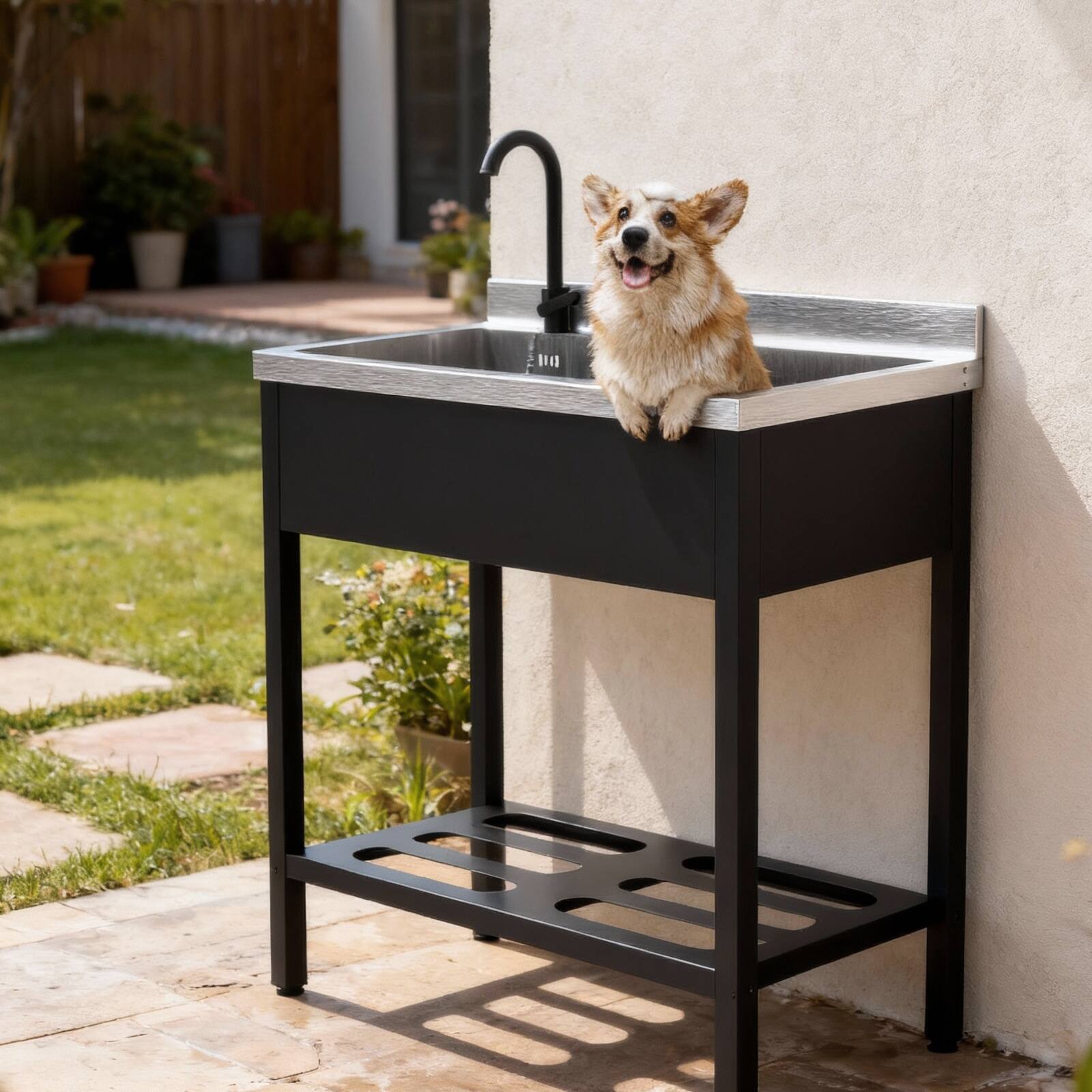 Alt View 3. Winado - Freestanding Utility Sink with Hot & Cold Faucet & Storage Shelf & Rounded Corner for Pet Grooming and Restaurant Prep - Black & Silver.