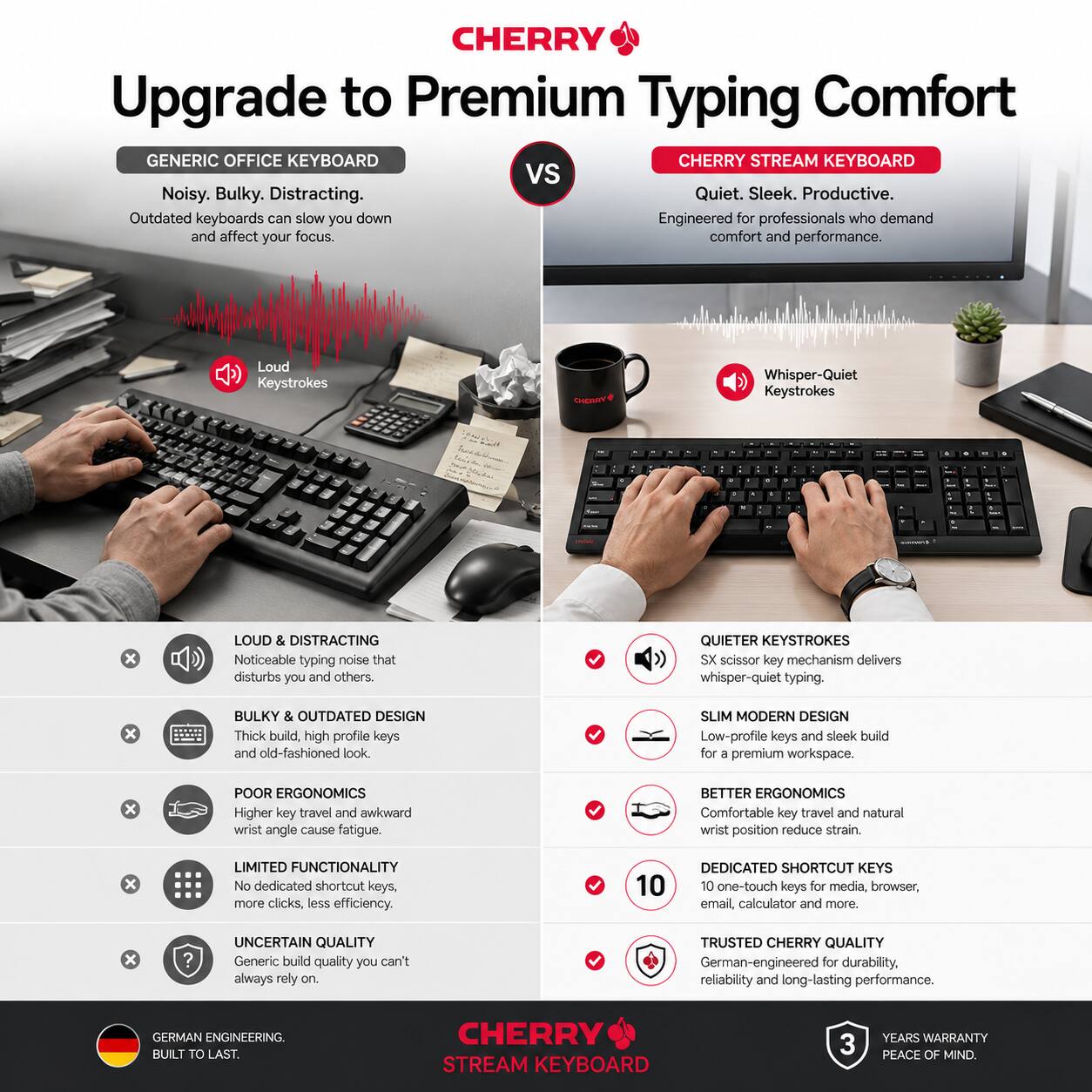 CHERRY Upgrade to Premium Typing Comfort

GENERIC OFFICE KEYBOARD
Noisy. Bulky. Distracting.
Outdated keyboards can slow you down and affect your focus.

Loud Keystrokes

LOUD & DISTRACTING
Noticeable typing noise that disturbs you and others.

BULKY & OUTDATED DESIGN
Thick build, high profile keys and old-fashioned look.

POOR ERGONOMICS
Higher key travel and awkward wrist angle cause fatigue.

LIMITED FUNCTIONALITY
No dedicated shortcut keys, more clicks, less efficiency.

UNCERTAIN QUALITY
Generic build quality you can't always rely on.

CHERRY STREAM KEYBOARD
Quiet. Sleek. Productive.
Engineered for professionals who demand comfort and performance.

Whisper-Quiet Keystrokes

QUIETER KEYSTROKES
SX scissor key mechanism delivers whisper-quiet typing.

SLIM MODERN DESIGN
Low-profile keys and sleek build for a premium workspace.

BETTER ERGONOMICS
Comfortable key travel and natural wrist position reduce strain.

DEDICATED SHORTCUT KEYS
10 one-touch keys for media, browser, email, calculator and more.

TRUSTED CHERRY QUALITY
German-engine