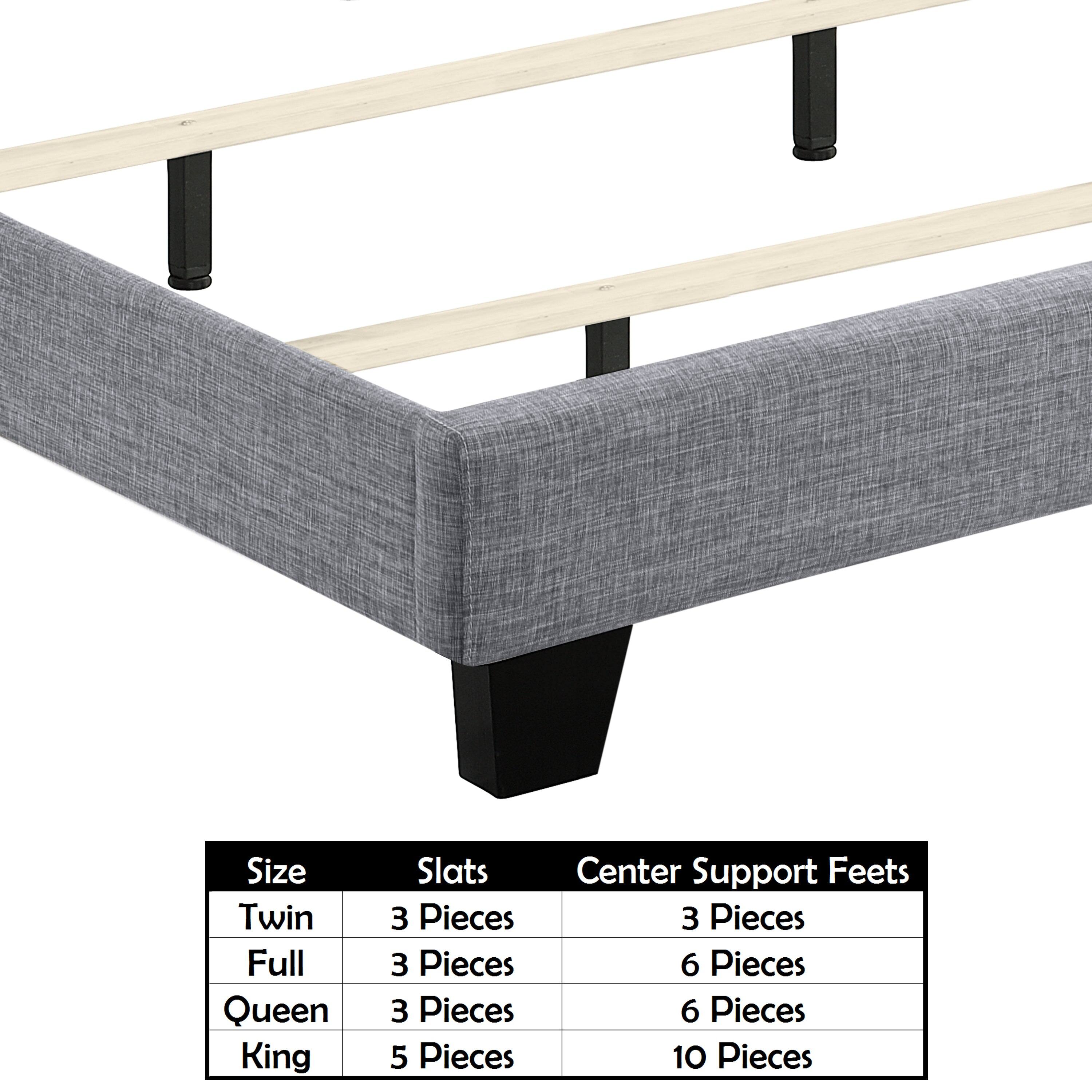 Size | Slats | Center Support Feet  
Twin | 3 Pieces | 3 Pieces  
Full | 3 Pieces | 6 Pieces  
Queen | 3 Pieces | 6 Pieces  
King | 5 Pieces | 10 Pieces
