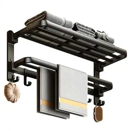 Front. Hirose Alice - Yariwiz Matte Towel Rack Wall Mounted No Drill and Screw Mounting Bathroom Bath Shower Length Double Towel - Style#2-black.