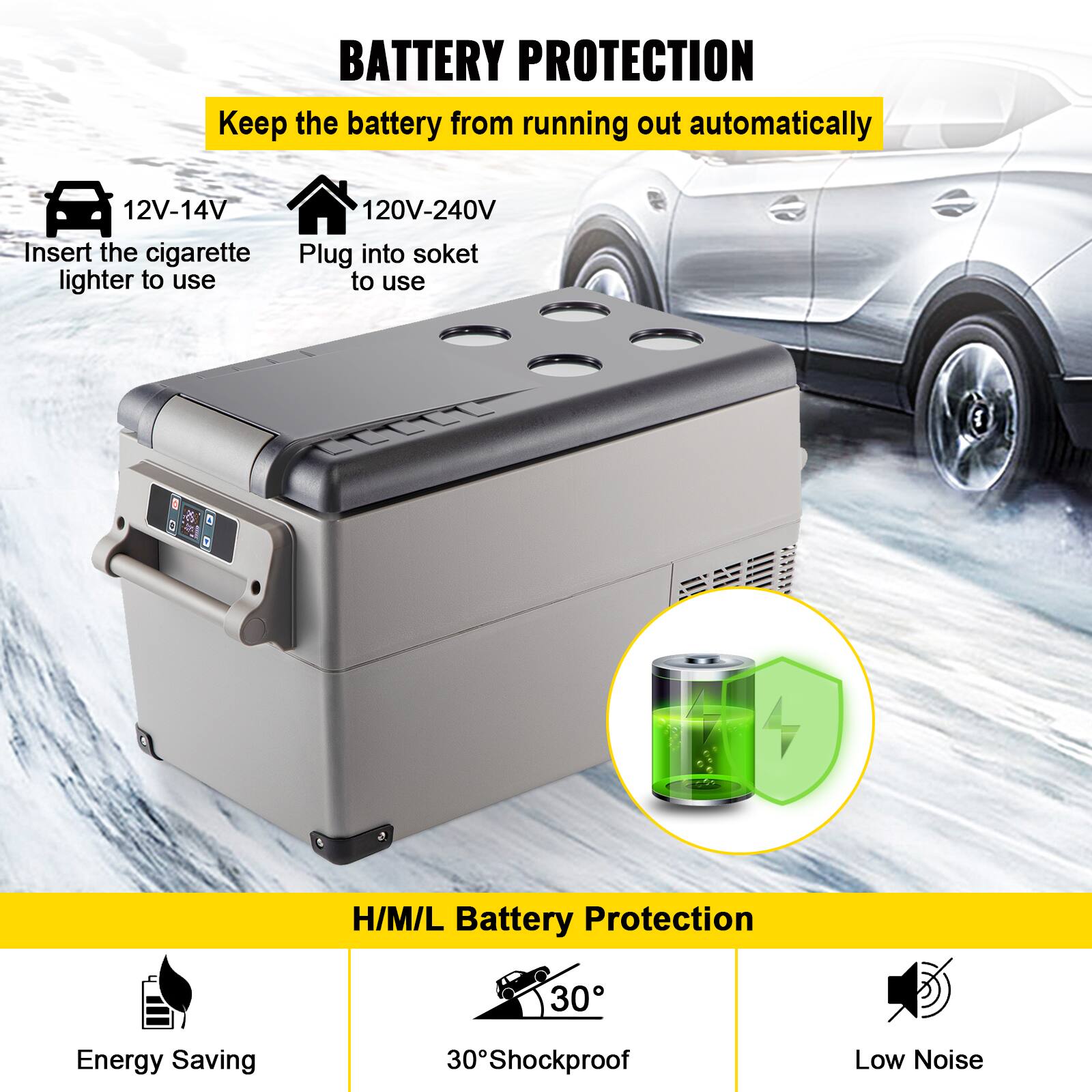 **BATTERY PROTECTION**

Keep the battery from running out automatically.

- **12V-14V**: Insert the cigarette lighter to use.
- **120V-240V**: Plug into socket to use.

**Features:**
- H/M/L Battery Protection
- 30% Energy Saving
- 30% Shockproof
- Low Noise
