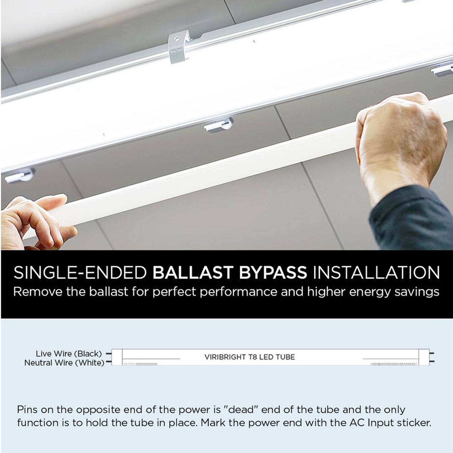 SINGLE-ENDED BALLAST BYPASS INSTALLATION
Remove the ballast for perfect performance and higher energy savings
Live Wire (Black)
Neutral Wire (White)
VIRIBRIGHT T8 LED TUBE
Pins on the opposite end of the power is "dead" end of the tube and the only function is to hold the tube in place. Mark the power end with the AC Input sticker.