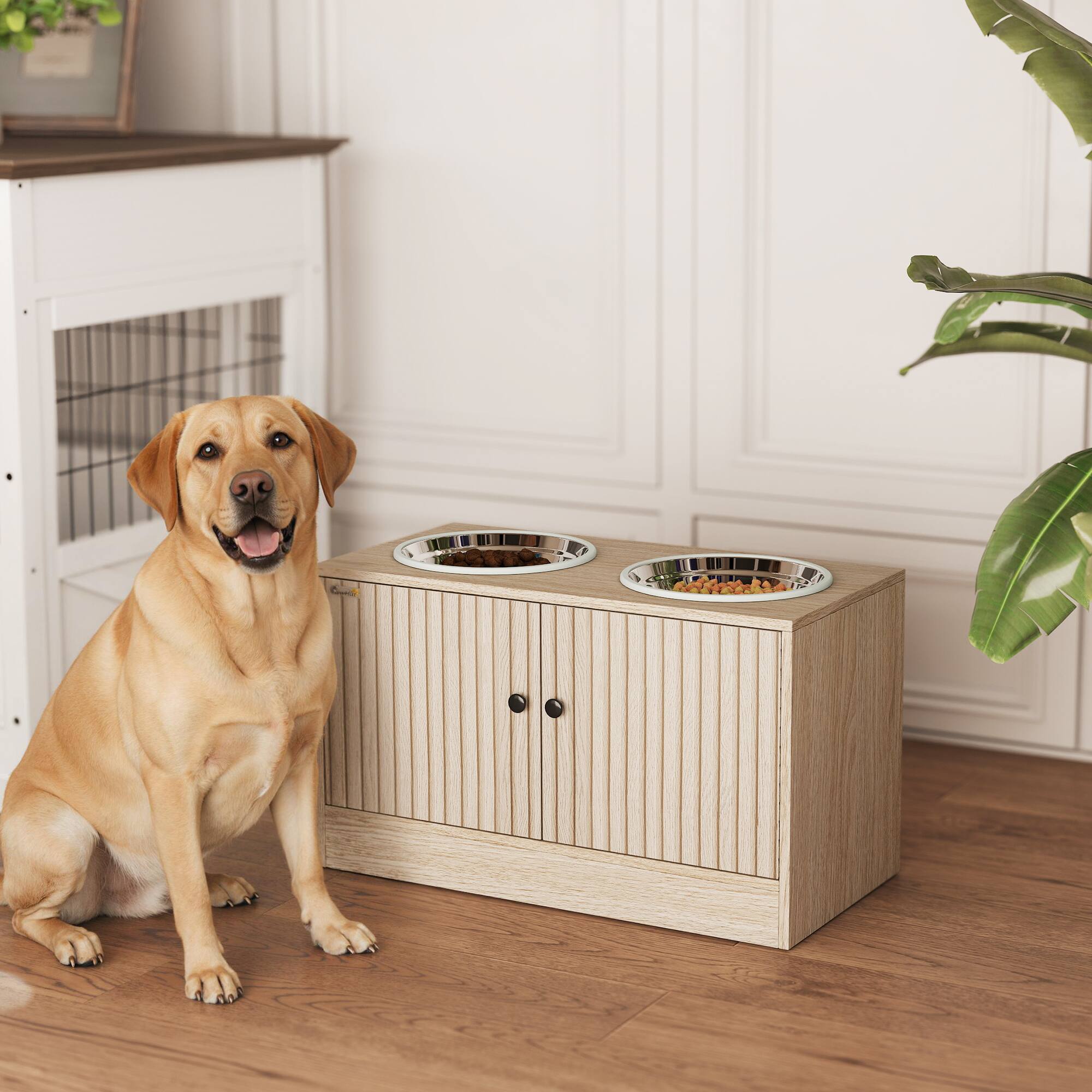 Alt View 1. Pawhut - Dog Bowls with Storage Cabinet, 2 Stainless Steel Bowls, Slow Feeder - Oak.