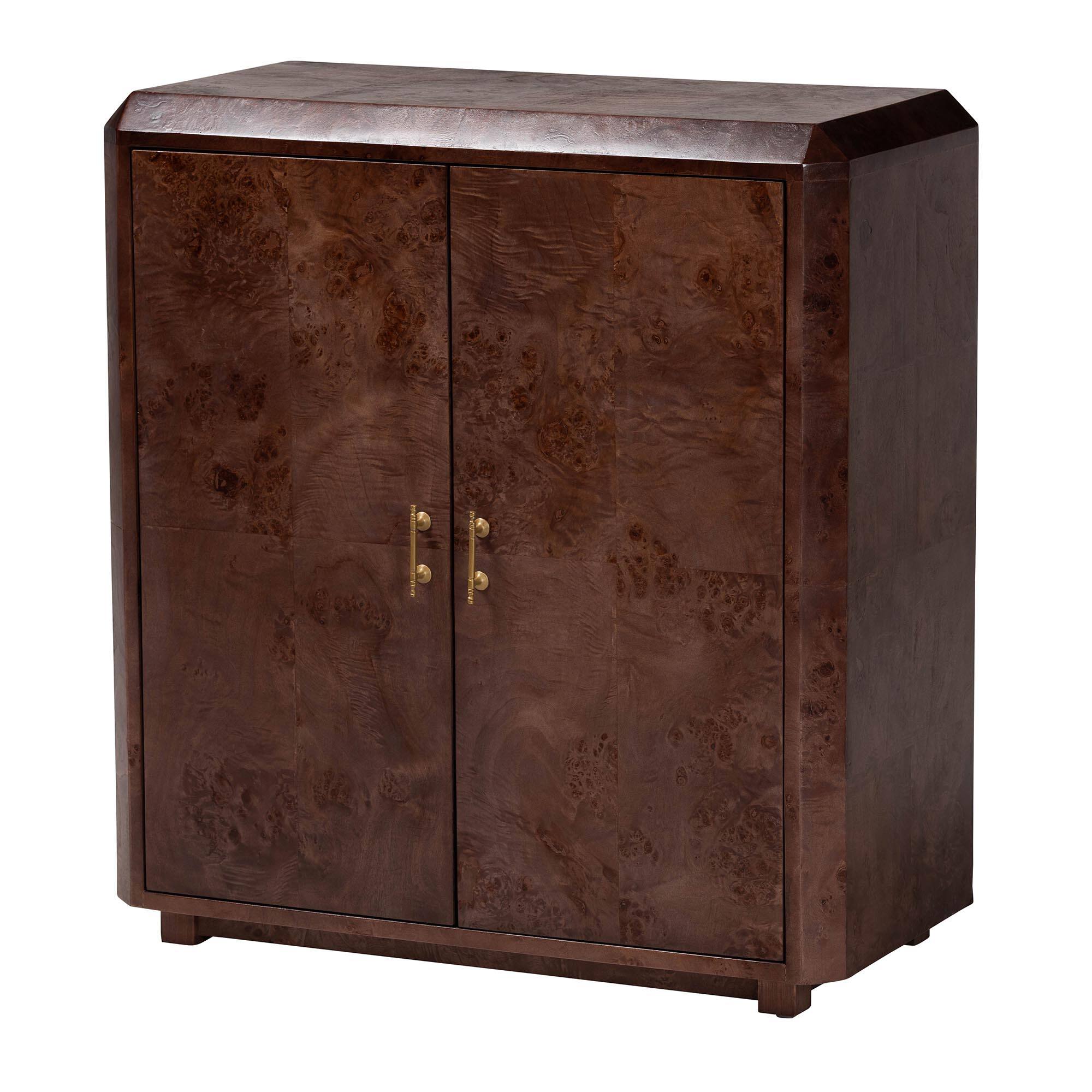 bali & pari - Valora Real Burl Wood Storage Cabinet - Modern Accent Cupboard with Double Doors and Brass Handles, Elegant Sideboard - Dark Walnut