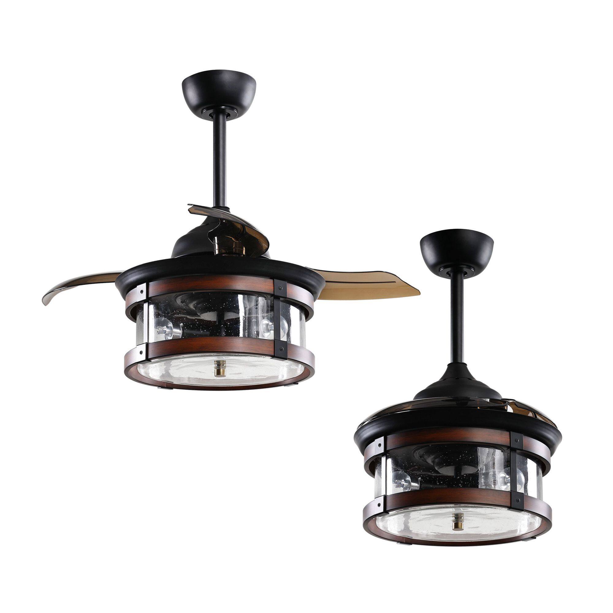 Alt View 1. Parrot Uncle - 36" Industrial Retractable 3-Blade Ceiling Fan Chandelier with Remote - Matte Black.