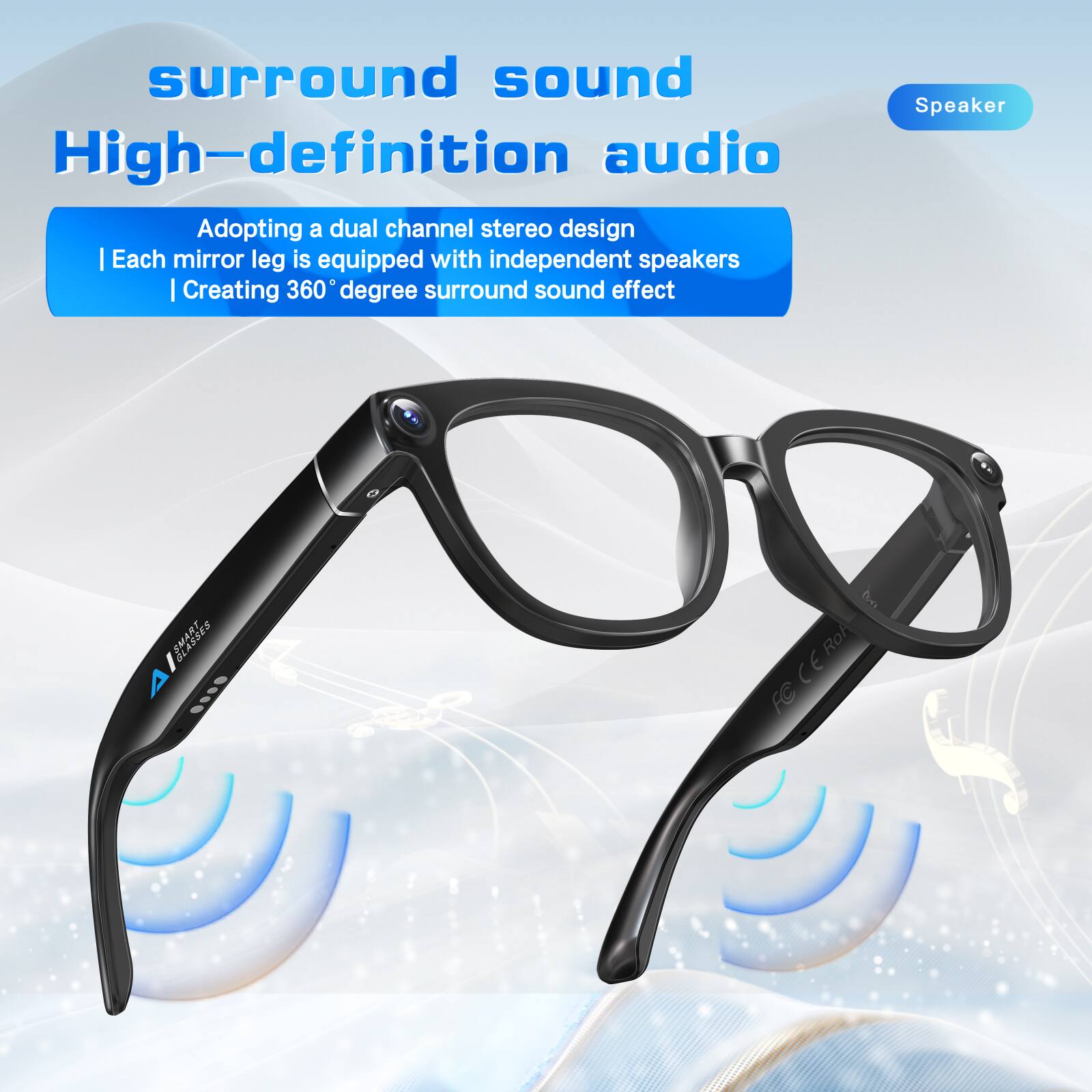 surround sound  
High-definition audio  

Adopting a dual channel stereo design  
Each mirror leg is equipped with independent speakers  
Creating 360° degree surround sound effect  

Speaker