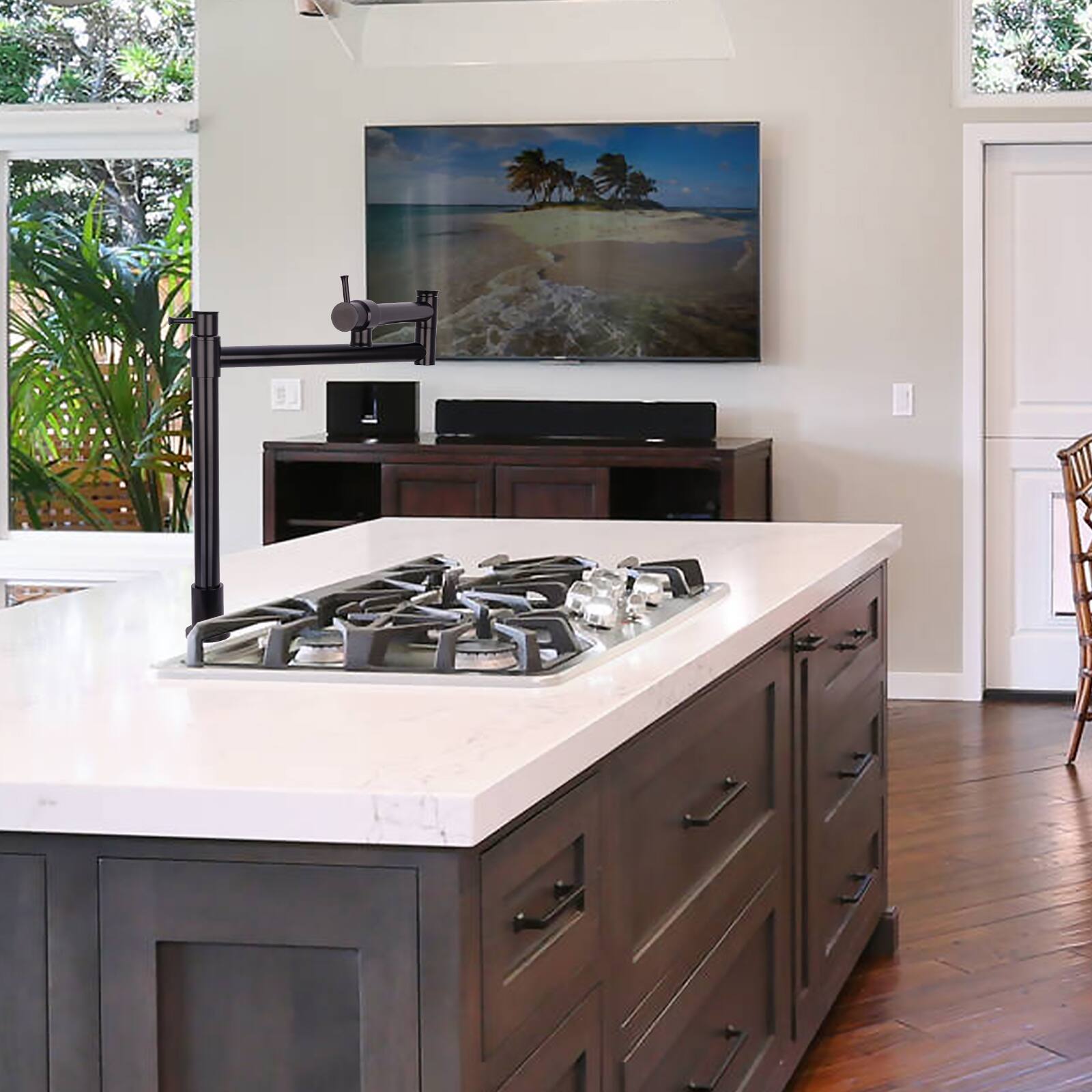 Alt View 4. Akicon - Akicon Solid Brass Deck-Mounted Pot Filler Kitchen Faucet with Double Joint Swing Arms in Matte Black - Matte Black.