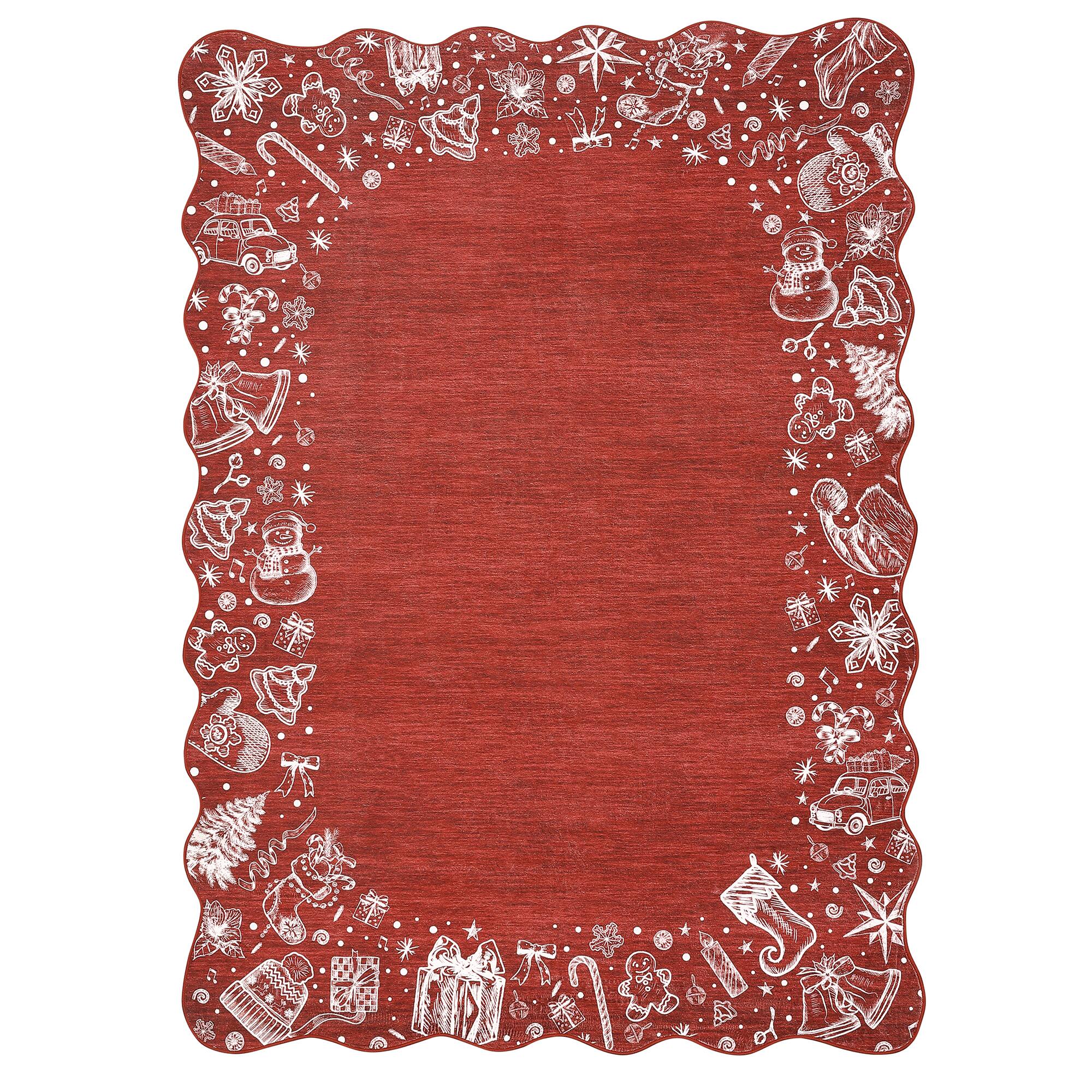 Front. Jojoka - 3x5 ft Red Christmas Area Rug, Scalloped Edge, Festive Trees & Bells, Washable, Non-Slip Holiday Decor - Red.