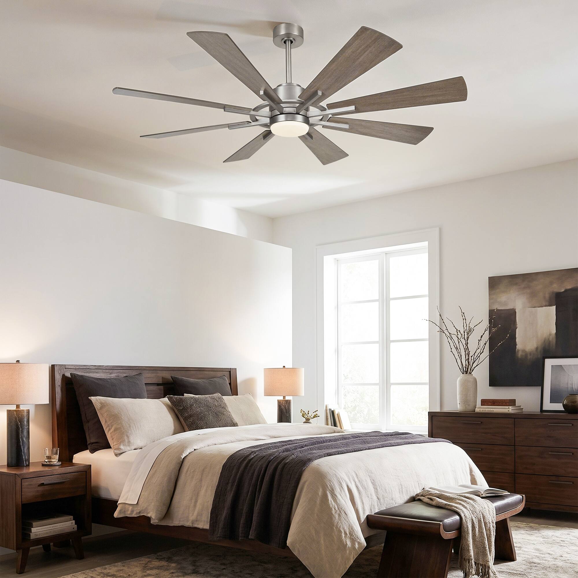 Back. Parrot Uncle - 60" Windmill 8-Blade Ceiling Fan with Dimmable LED Light, Remote Control, Reversible DC Motor - Bronze.