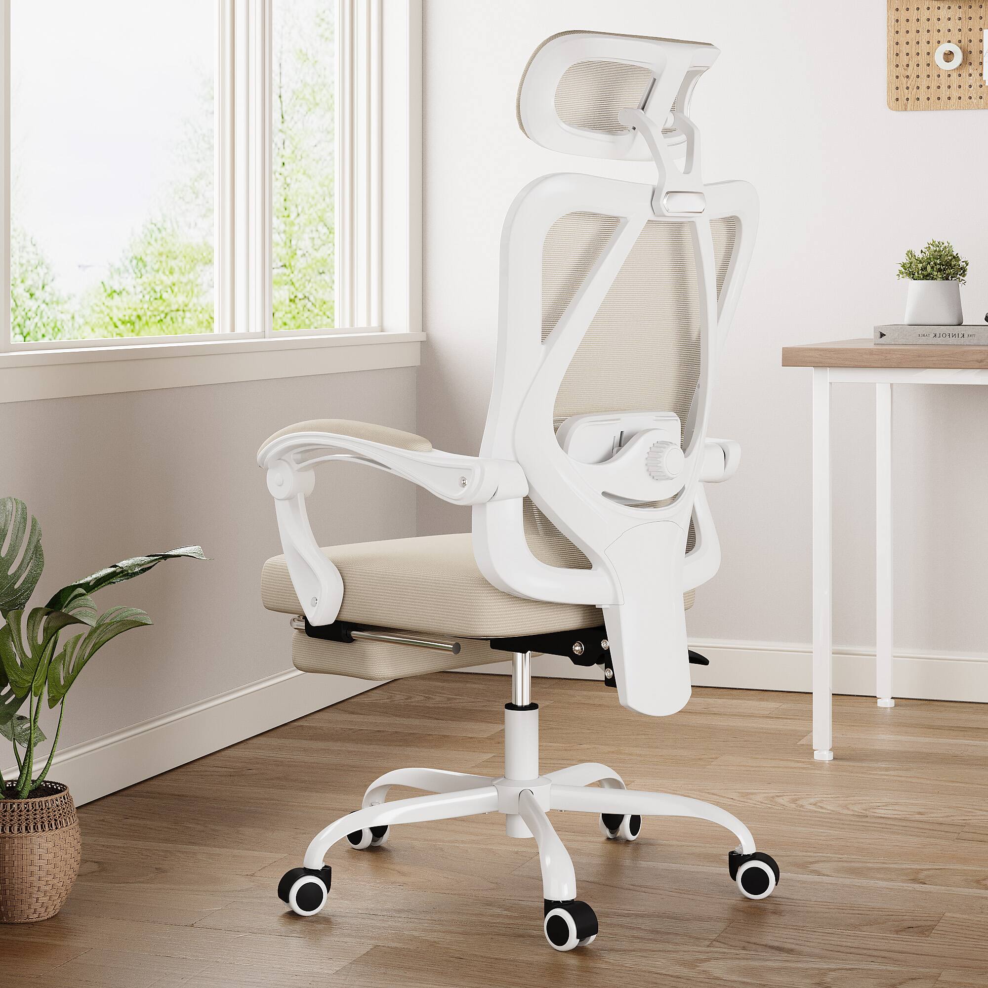 Alt View 1. PexFix - Ergonomic Office Chair with 135° Recline, Adjustable Headrest & Lumbar Support, 400 lb Capacity - White+Khaki.