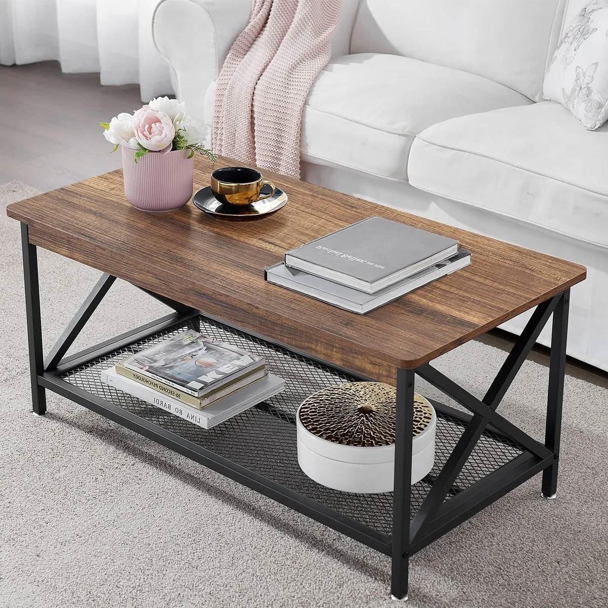 Hivvago - Modern Classic Metal Wood Coffee Table with Bottom Storage Shelf - Brown