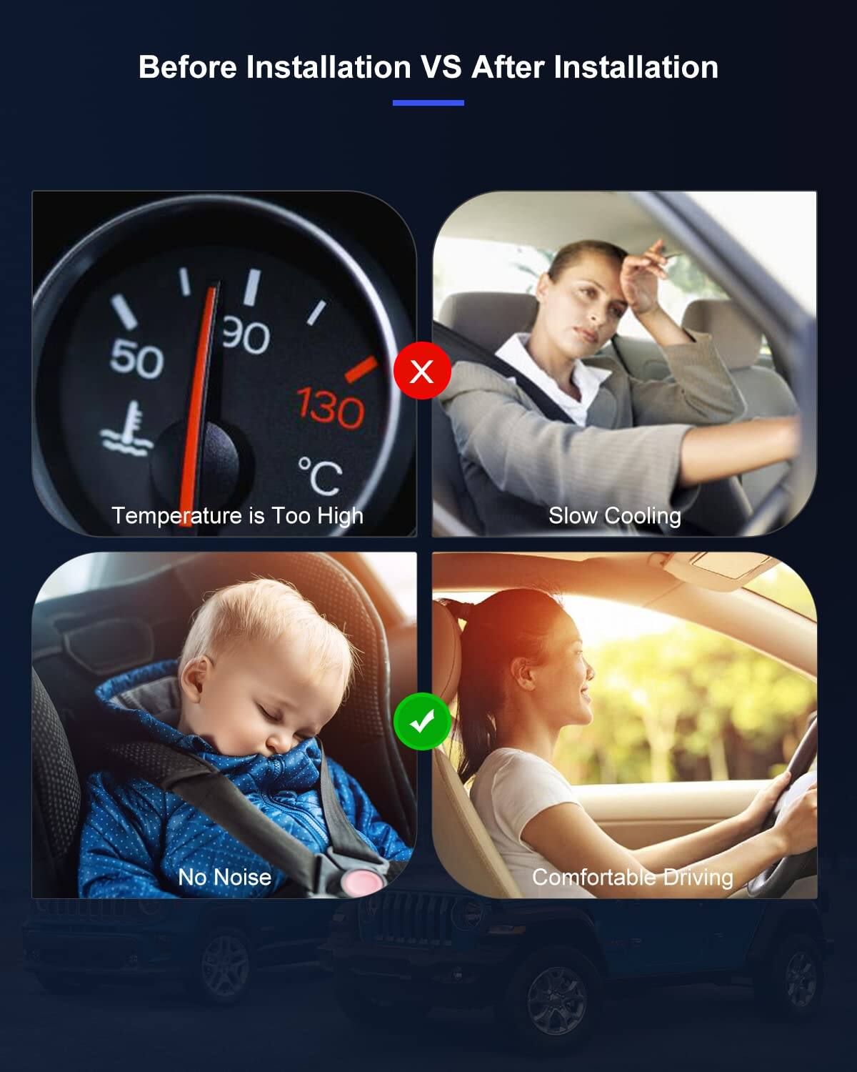 Before Installation VS After Installation

- Temperature is Too High
- Slow Cooling
- No Noise
- Comfortable Driving
