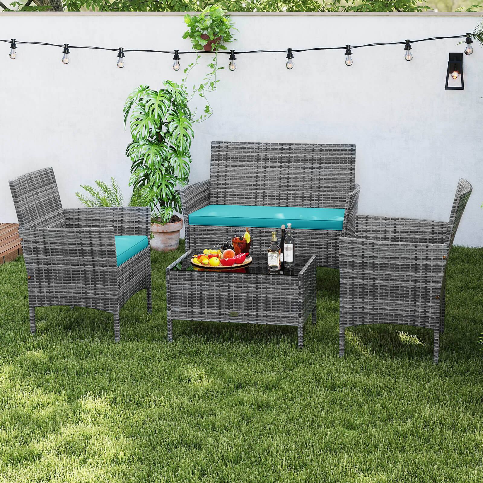 Alt View 1. Costway - Costway 4 PCS Patio Furniture Set with Washable Cushions and Tempered Glass Coffee Table - Turquoise.