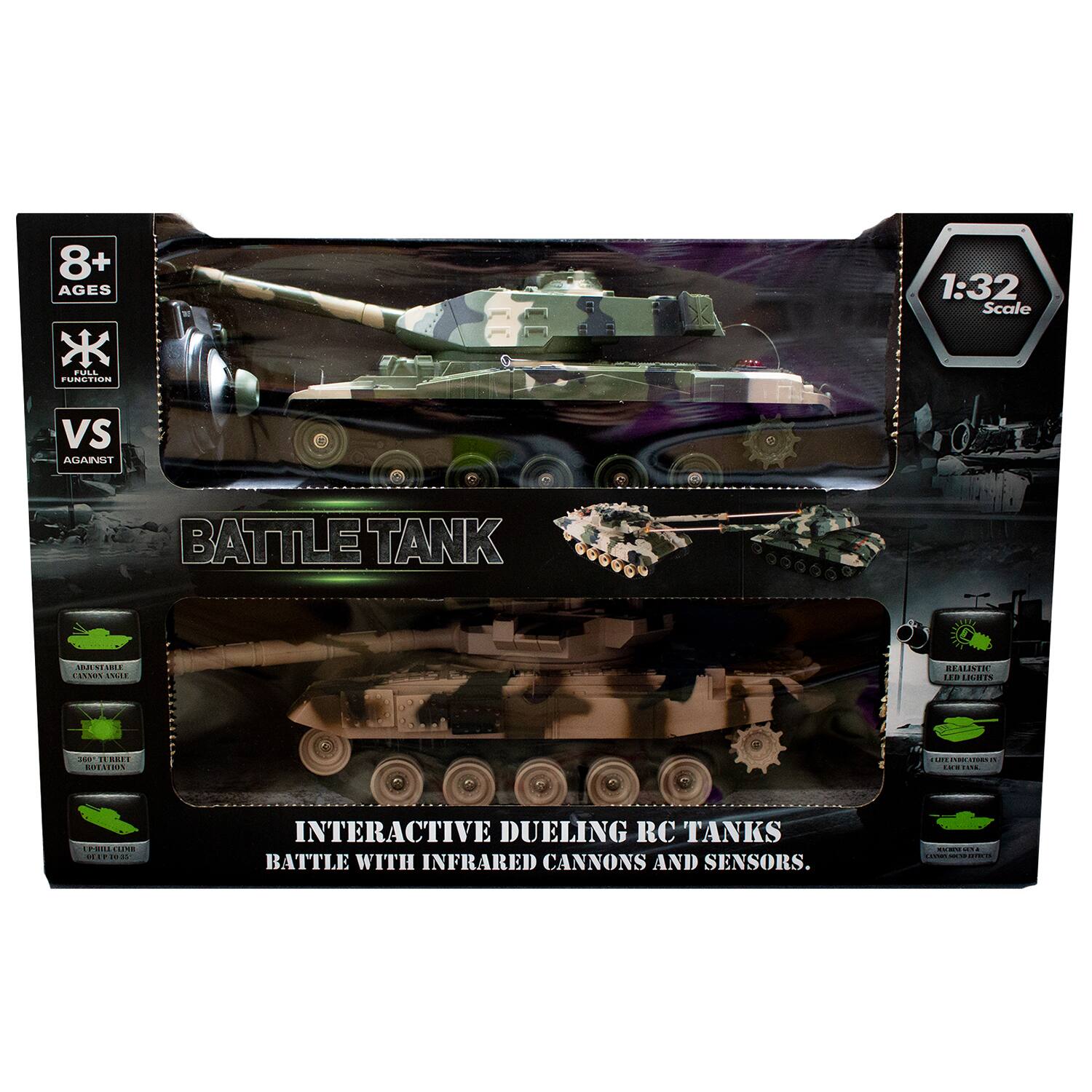 8+ AGES 1:32 Scale VS AGAINST BATTLE TANK INTERACTIVE DUELING RC TANKS BATTLE WITH INFRARED CANNONS AND SENSORS.
