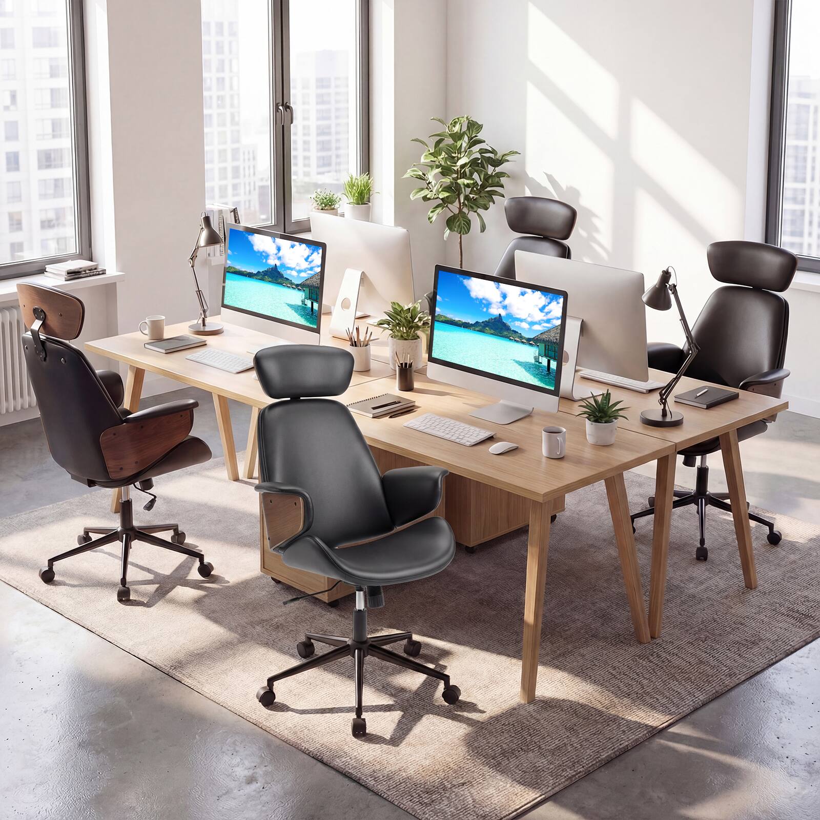 Alt View 4. Costway - Costway Ergonomic Office Chair with Headrest, Adjustable Height, Faux Leather & Metal Base - Black + Rustic Brown.