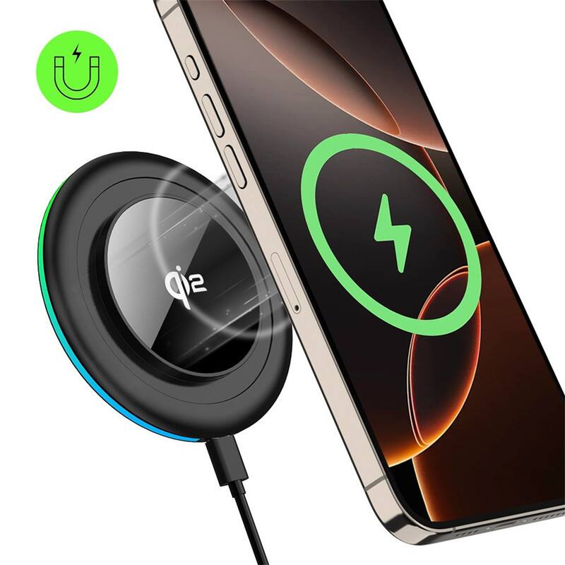 Angle. RISOKEYS - QI 2.2 Ultra-Slim Round Wireless Charger - Charging Station Compatible with Apple, 25W Desktop Charger for Mobile Phones - Black.