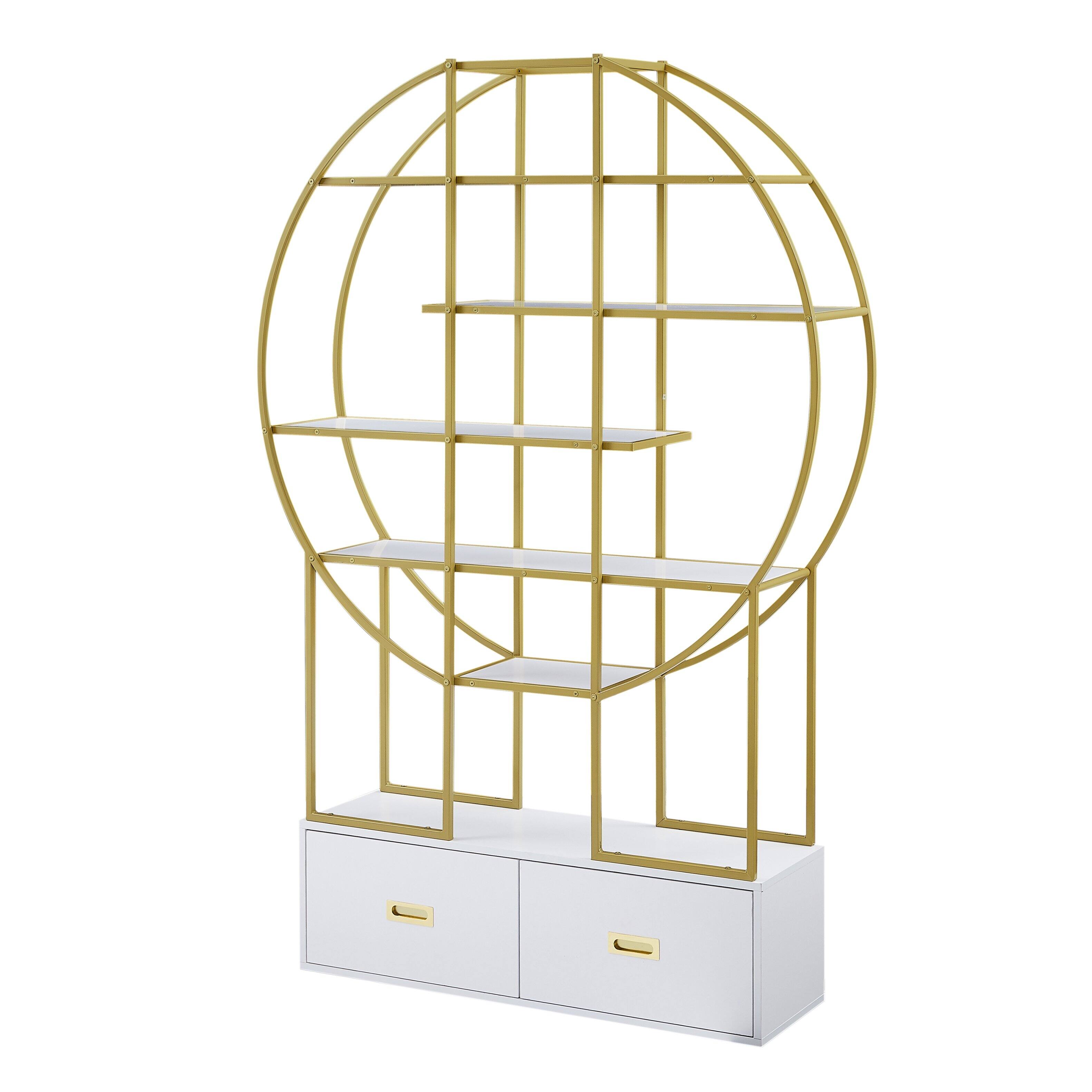 Alt View 9. Tiramisubest - 70.8 Inch 5 Tiers Round Bookcase Bookshelf, Display Shelf, Two Drawers, Gold Frame - Golden+White.