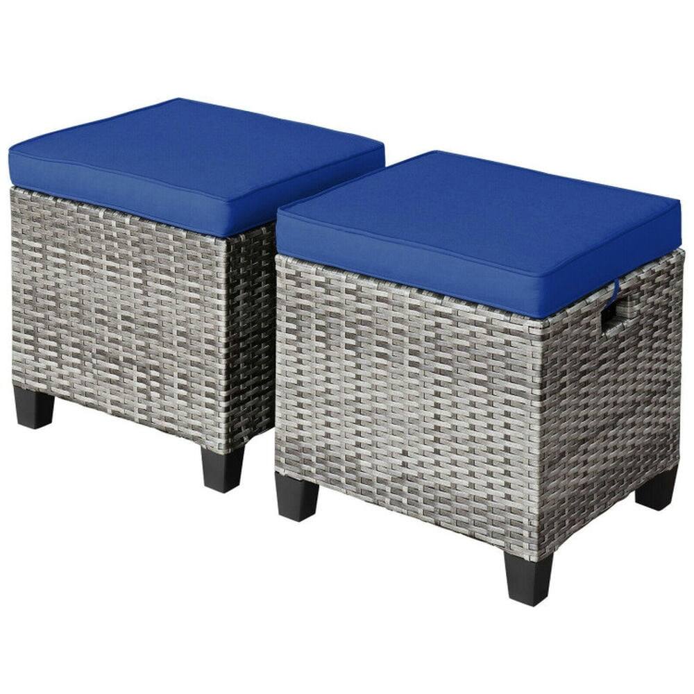 Angle. Pefilos - 2PCS Rattan Wicker Ottoman Seat, Patio Ottoman Seat with Remoable Cushions, 2 In 1 Ottoman Seat for Outdoor as Balcony, - Blue.
