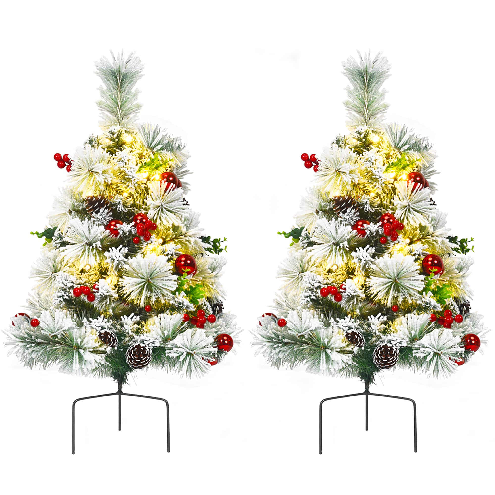 Costway - Set of 2 29 in Battery Powered Pre-lit Pathway Flocked Christmas Trees Outdoor - Green,White,Red
