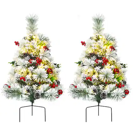 Front. Costway - Costway Set of 2 29 in Battery Powered Pre-lit Pathway Flocked Christmas Trees Outdoor - Green,White,Red.