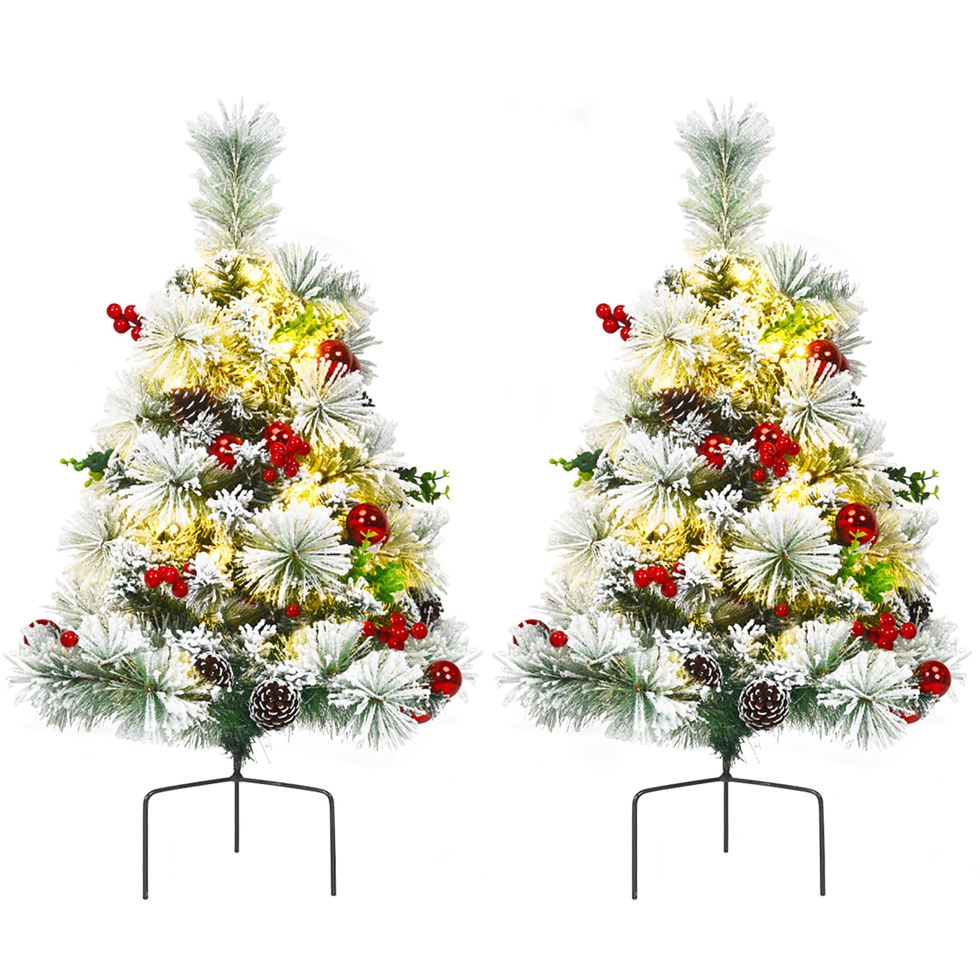 Costway - Set of 2 29 in Battery Powered Pre-lit Pathway Flocked Christmas Trees Outdoor - Green,White,Red