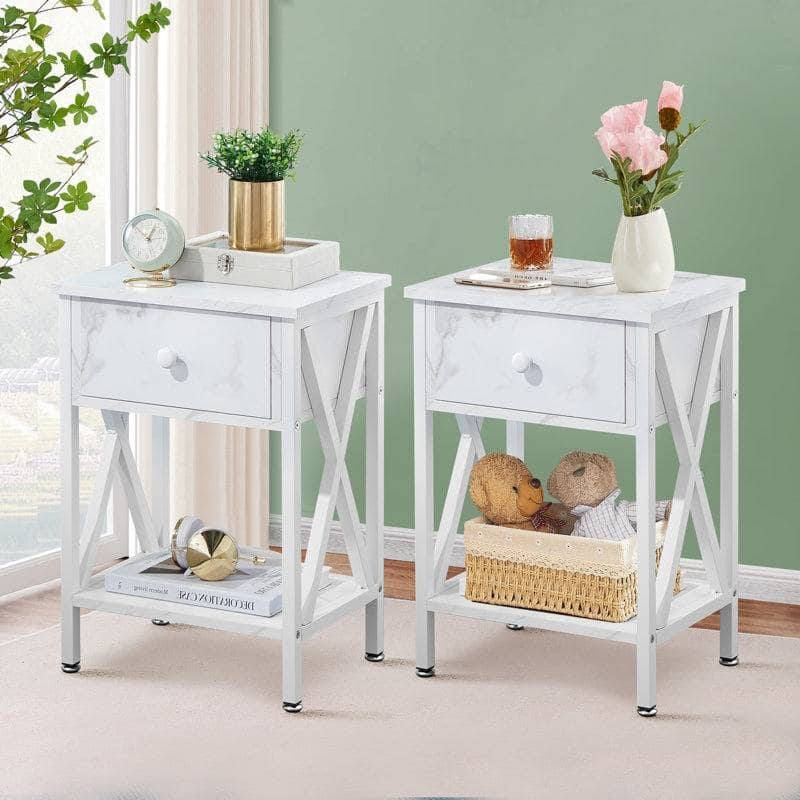 Hivvago - Set of 2 - Rustic Farmhouse 1-Drawer Nightstand Bedside Table - White