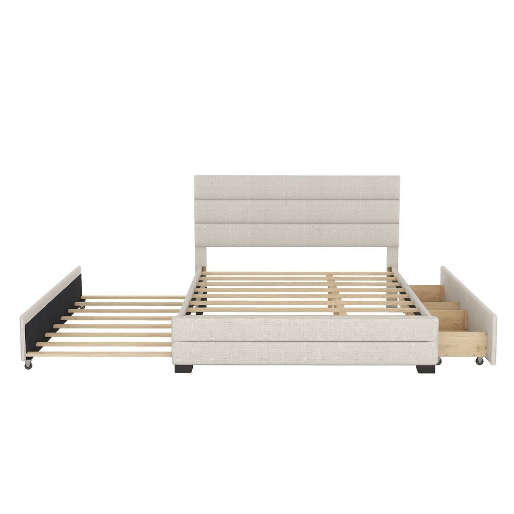Alt View 9. Loheer - Loheer Queen Upholstered Platform Bed with Twin Trundle and 2 Storage Drawers, Beige Linen Bed Frame - Beige.