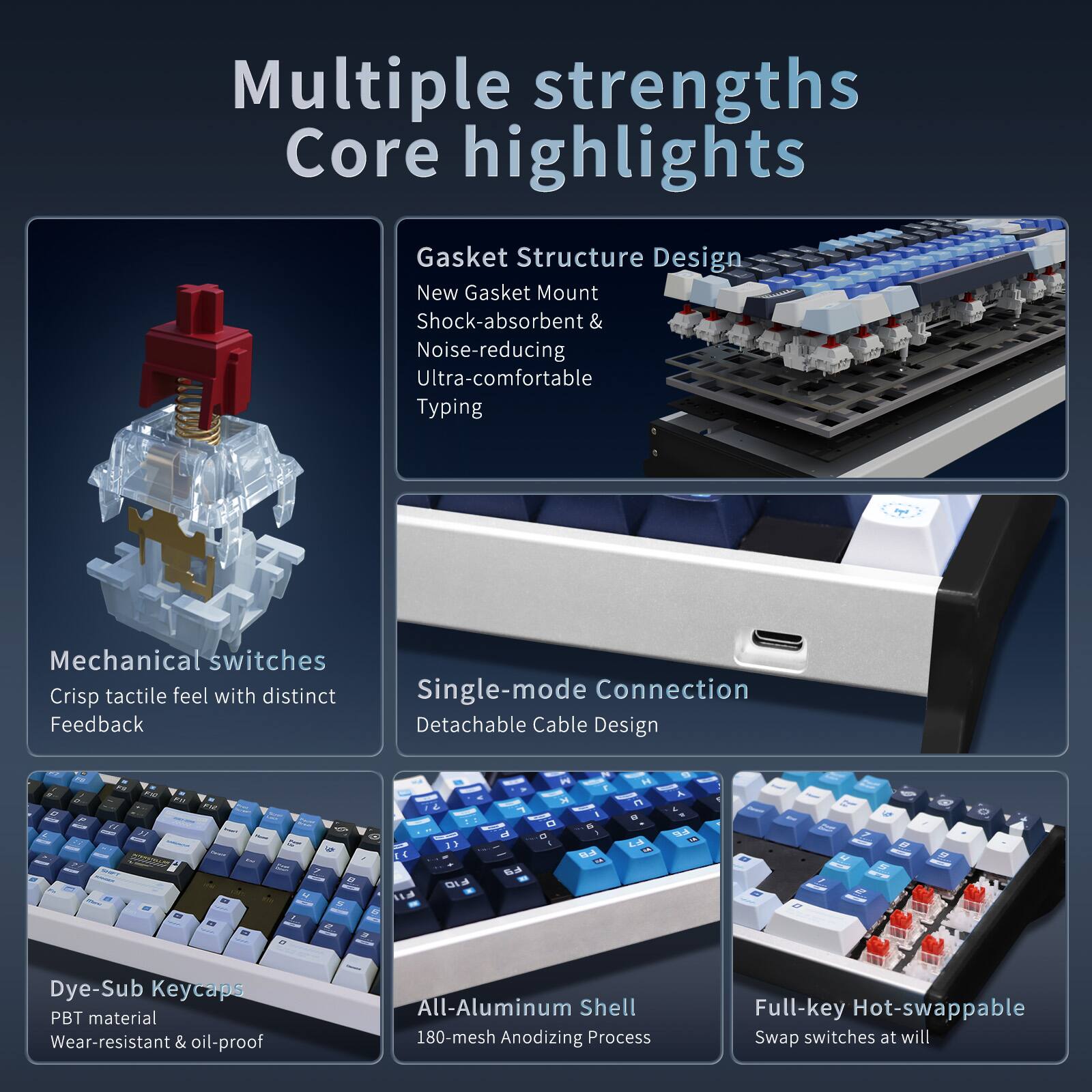 Multiple strengths Core highlights

- Gasket Structure Design
  - New Gasket Mount
  - Shock-absorbent & Noise-reducing
  - Ultra-comfortable Typing

- Mechanical switches
  - Crisp tactile feel with distinct Feedback

- Single-mode Connection
  - Detachable Cable Design

- Dye-Sub Keycaps
  - PBT material
  - Wear-resistant & oil-proof

- All-Aluminum Shell
  - 180-mesh Anodizing Process

- Full-key Hot-swappable
  - Swap switches at will