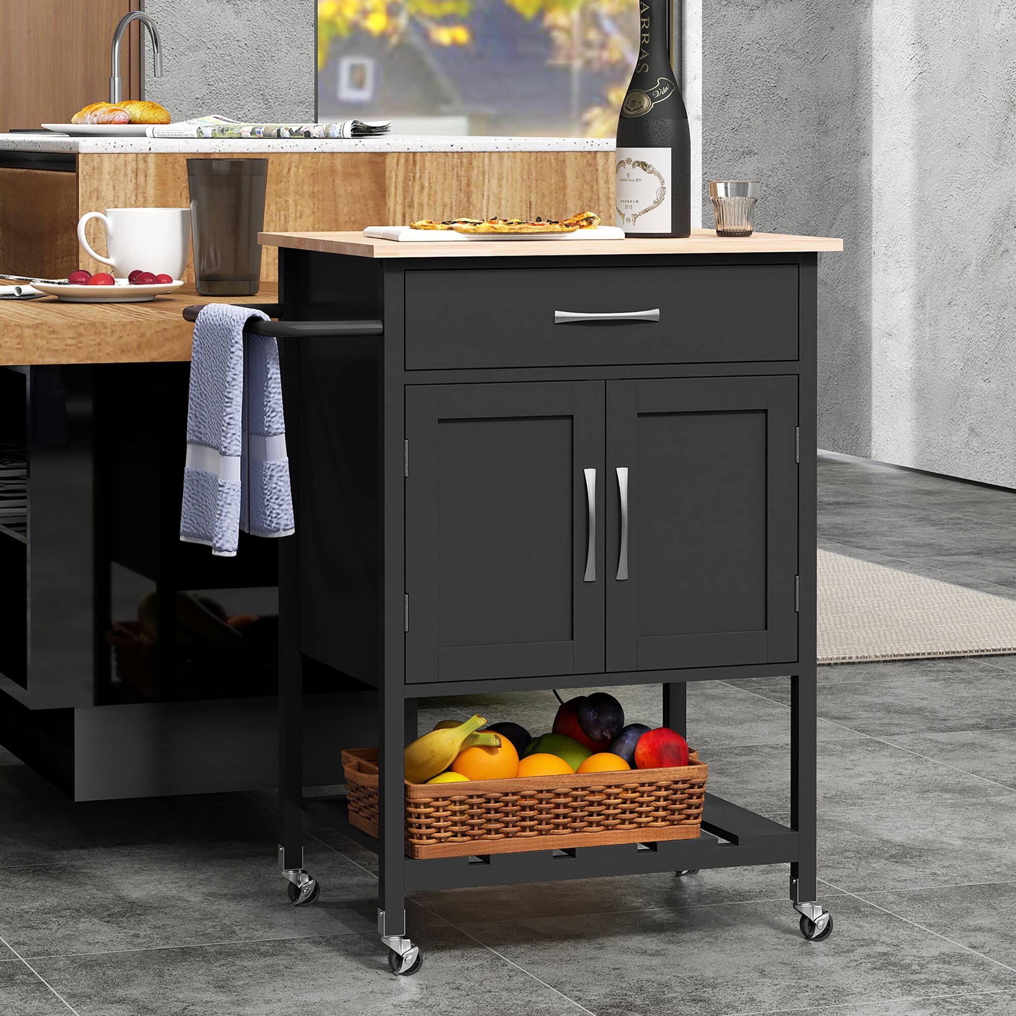 Alt View 4. Gymax - Gymax Rolling Kitchen Island Cart w/ Drawer 2-Door Storage Cabinet Bottom Tray Black - Black.