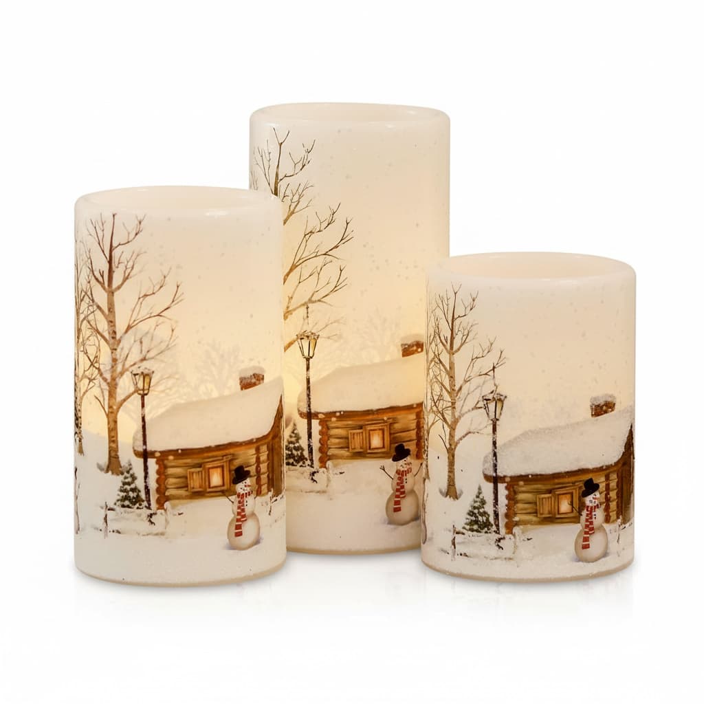 Front. FINEAK - 3 Pack Snowman Christmas Flameless LED Pillar Candles: 6H Timer, Flickering Real Wax, Battery Operated, 3x4/5/6 inches - White.
