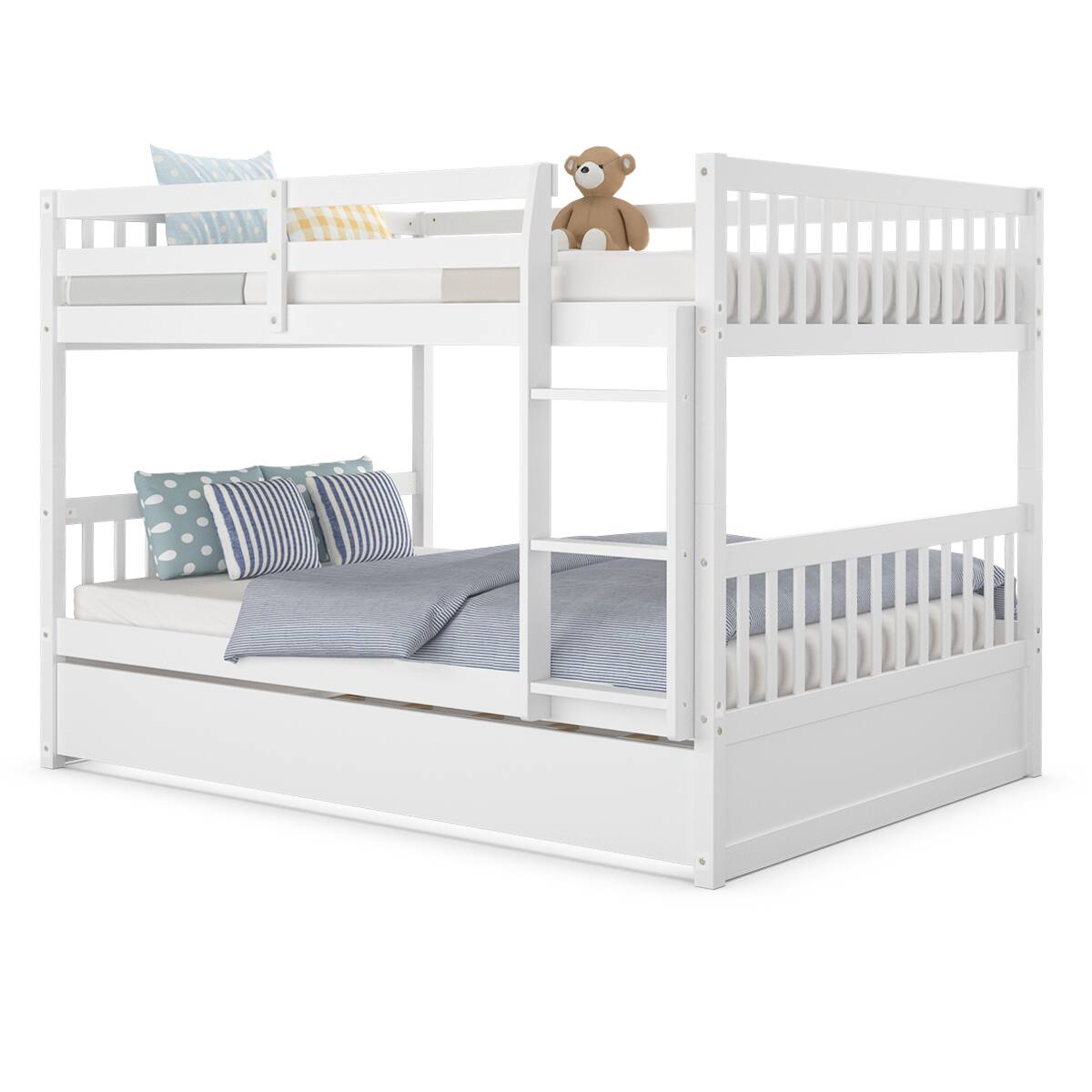 Alt View 8. Gymax - Gymax Full over Full Bunk Bed Platform Wood Bed Captain's Bed w/ Trundle & Ladder Rail - White.
