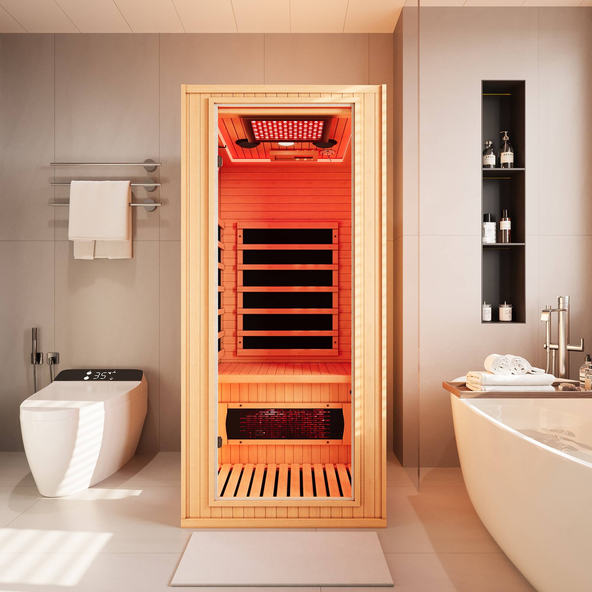 Angle. U-HOMY - 1-Person Hemlock Infrared Sauna with Red Light Therapy, Tempered Glass Door & Bluetooth - Wood.