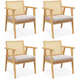Costway - Mid Century Modern Accent Chairs Set of 4 with Breathable Rattan Back Dining Room - Natural