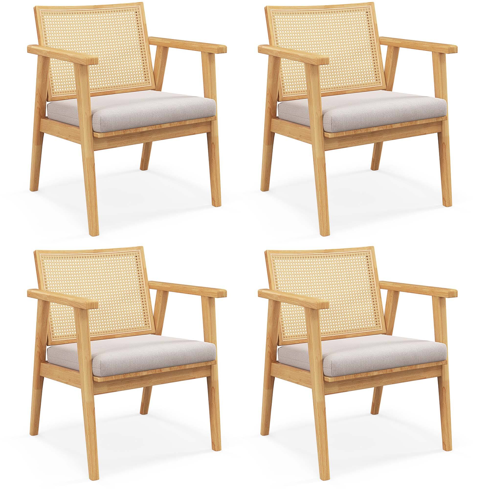 Front. Costway - Mid Century Modern Accent Chairs Set of 4 with Breathable Rattan Back Dining Room - Natural.