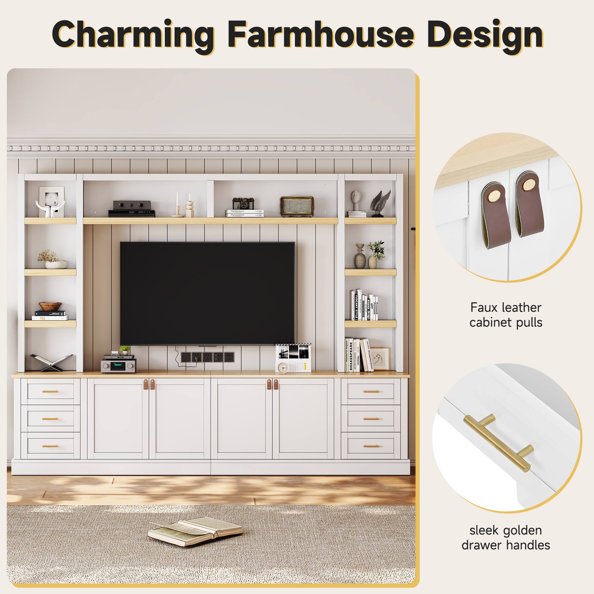 Charming Farmhouse Design

Faux leather cabinet pulls

sleek golden drawer handles