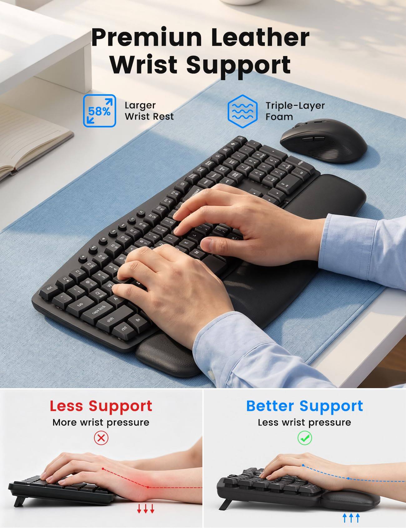 Premium Leather Wrist Support

Larger 58% Wrist Rest
Triple-Layer Foam

Less Support More wrist pressure
Better Support Less wrist pressure