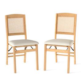 Costway - Folding Dining Chairs Set of 2 with Linen Padded Seat & Rattan Backrest for Kitchen - Natural + Beige