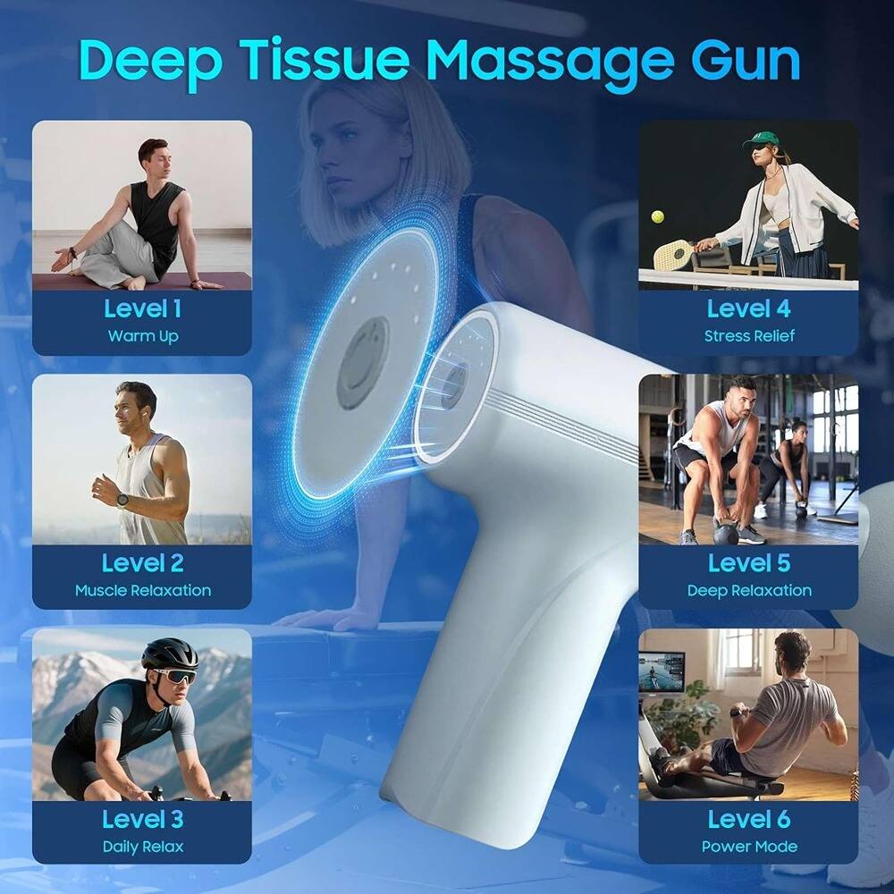 Deep Tissue Massage Gun

- Level 1: Warm Up
- Level 2: Muscle Relaxation
- Level 3: Daily Relax
- Level 4: Stress Relief
- Level 5: Deep Relaxation
- Level 6: Power Mode