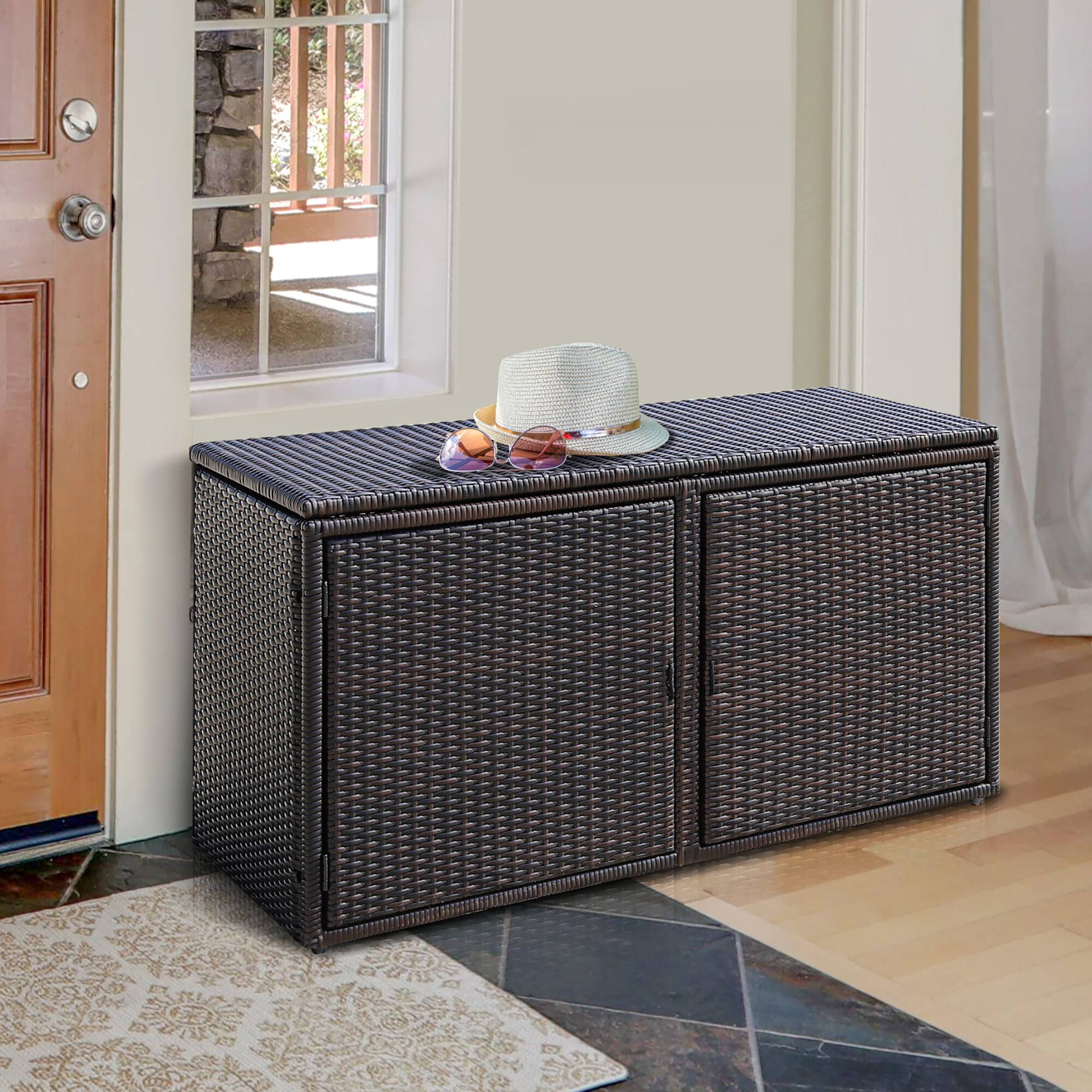 Alt View 1. Costway - Costway 88 Gallon Garden Patio Rattan Storage Container Box Bin Shelf - Mix Brown.