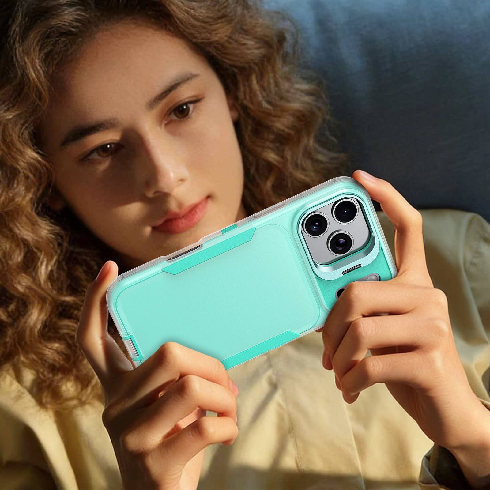 Alt View 4. Dteck - For Apple iPhone 17 Pro Max Rugged Case, Heavy Duty Dual Layer Shockproof Lens Kickstand Drop Protection Cover - Cyan.