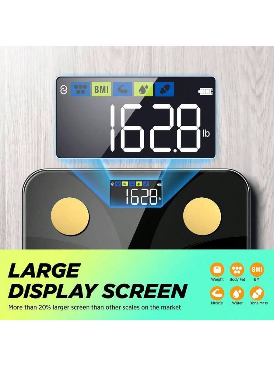 Sure, here is the corrected and grouped text:

---

**LARGE DISPLAY SCREEN**

More than 20% larger screen than other scales on the market

**Weight Body Fat BMI Muscle Water Bone Mass**

**162.8 lb**

---

This text highlights the features and display of the scale, including its large screen size and the metrics it measures.