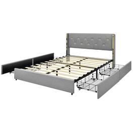 Costway - Full Upholstered Bed Frame with 4 Storage Drawers Headboard - Silver