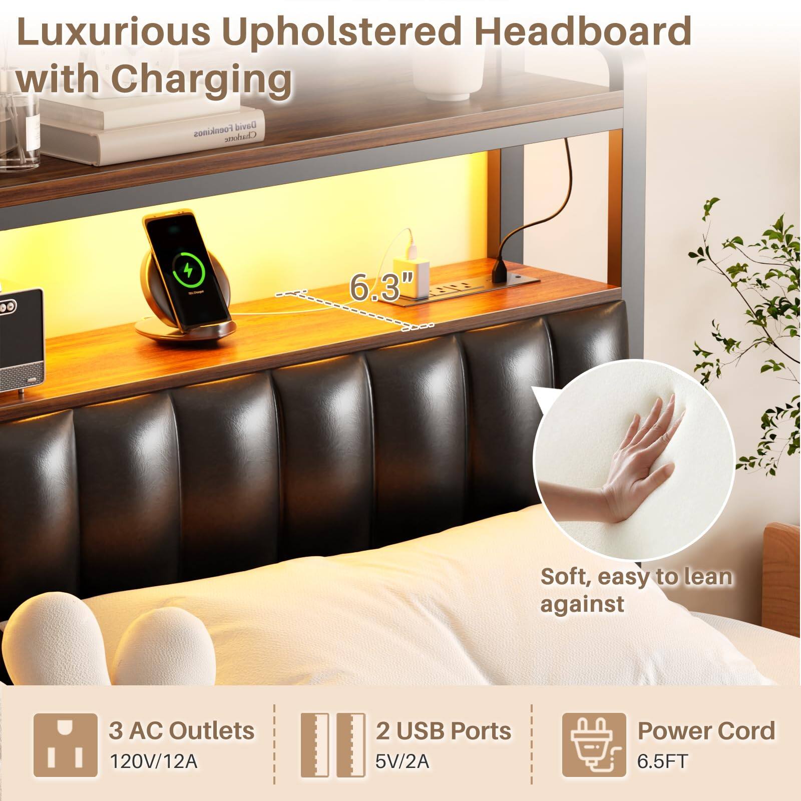 Luxurious Upholstered Headboard with Charging

- 6.3" Soft, easy to lean against
- 3 AC Outlets 120V/12A
- 2 USB Ports 5V/2A
- Power Cord 6.5FT