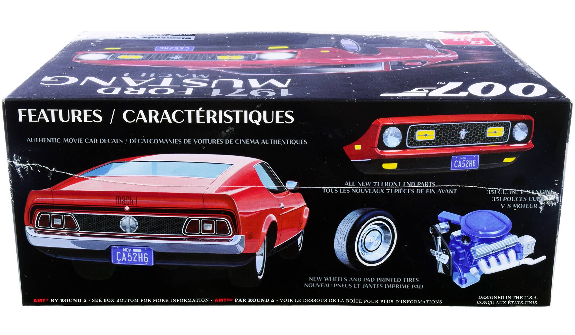 CCI .............. ZHE MACH MUSTANG n FORD 00 FEATURES / CARACTÉRISTIQUES FEATURES / AUTHENTIC MOVIE CAR DECALS / DÉCALCOMANIES DE VOITURES DE CINÉMA AUTHENTIQUES TLV CA52H6 ALL NEW 71 FRONT END PARIS TOUS LES NOUVEAUX 71 PIÈCES DE FIN AVANT 351 CU. IN. ENGIN 351 POUCES CUB. V-8 MOTEUR NEV CA52H6 NEW WHEELS AND PAD PRINTED TIRES NOUVEAU PNEUS ET JANTES IMPRIME PAD AMT* BY ROUND 2 SEE BOX BOTTOM FOR MORE INFORMATION AMTMD PAR ROUND 2 VOIR LE DESSOUS DE LA BOITE POUR PLUS D'INFORMATIONS DESIGNED IN THE U.S.A. CONÇU AUX ÉTATS-UNIS