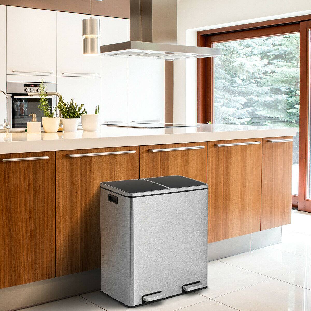 Alt View 2. Gymax - Gymax 16 Gallon Dual Step Trash Can Recycling Stainless Steel Double Bucket Pedal Bin - Silver.