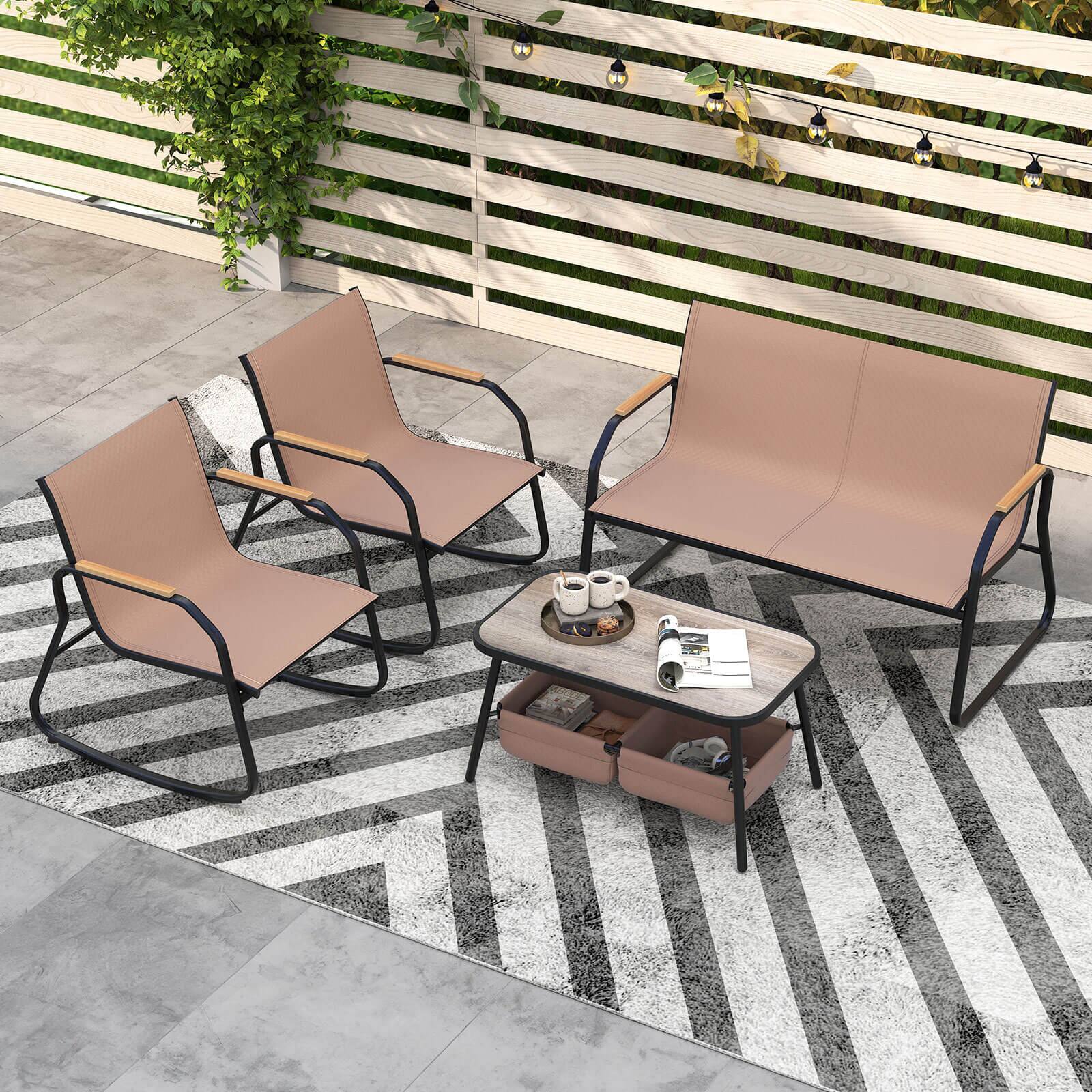 Alt View 1. Costway - Costway 4 PCS Patio Furniture Set with 2 Rocking Bistro Chairs 2-Tier Coffee Table - Brown.