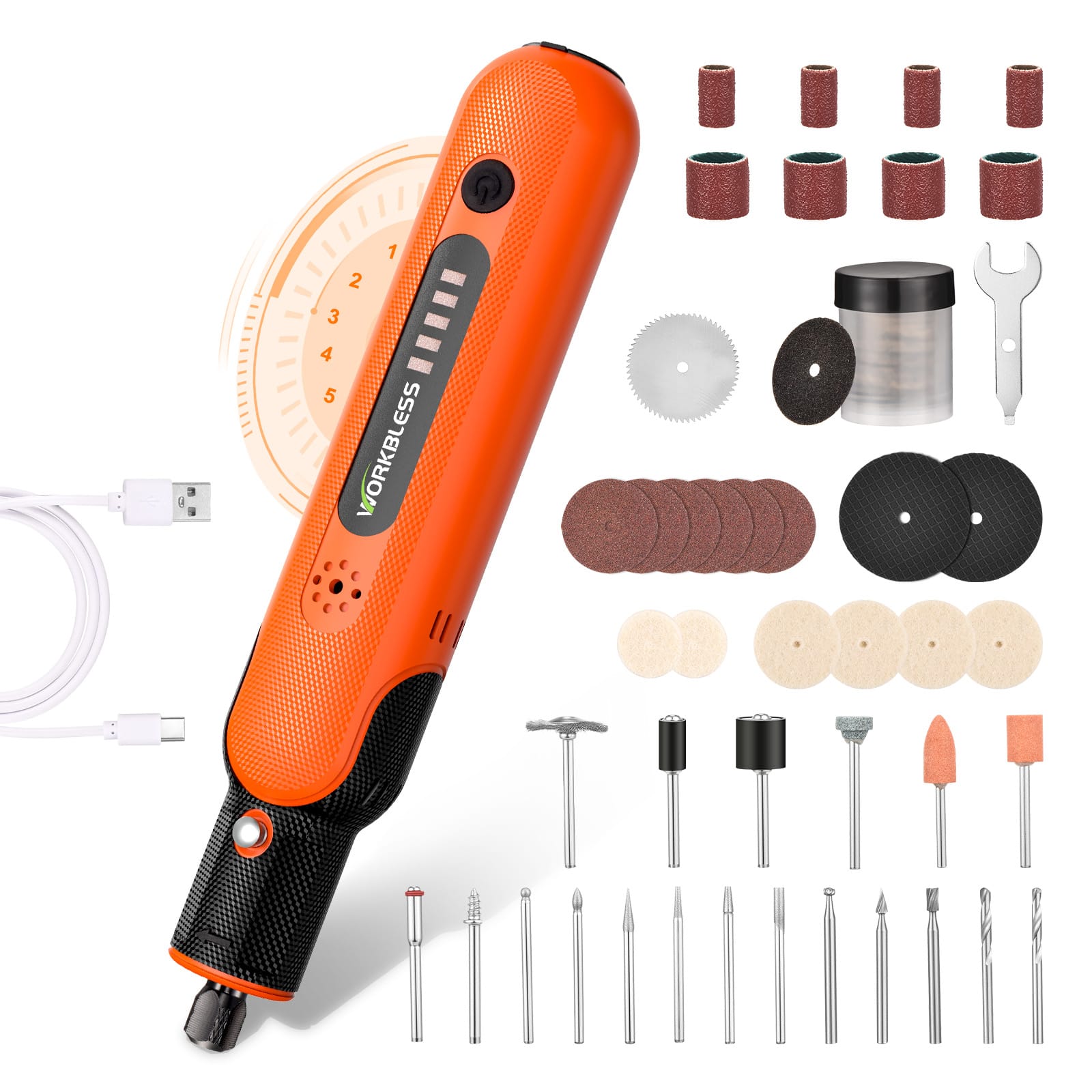 Unique Bargains - 8V Cordless Rotary Tool Kit, 103pcs Accessories, for Polishing/Grinding/Cutting/Engraving, 5-Speed, Max 25000RPM, USB-C - Orange