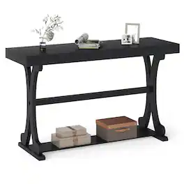 Gymax - Narrow Console Table Vintage Accent Sofa Table w/ Open Storage Shelf - Black