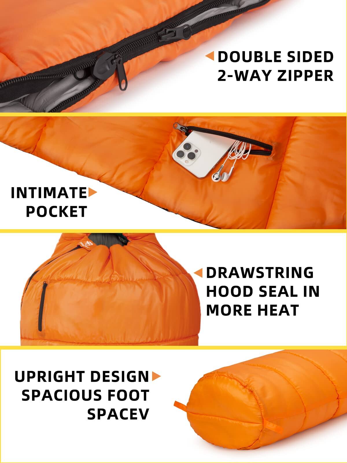 - DOUBLE SIDED 2-WAY ZIPPER
- INTIMATE POCKET
- DRAWSTRING HOOD SEAL IN MORE HEAT
- UPRIGHT DESIGN SPACIOUS FOOT SPACEV