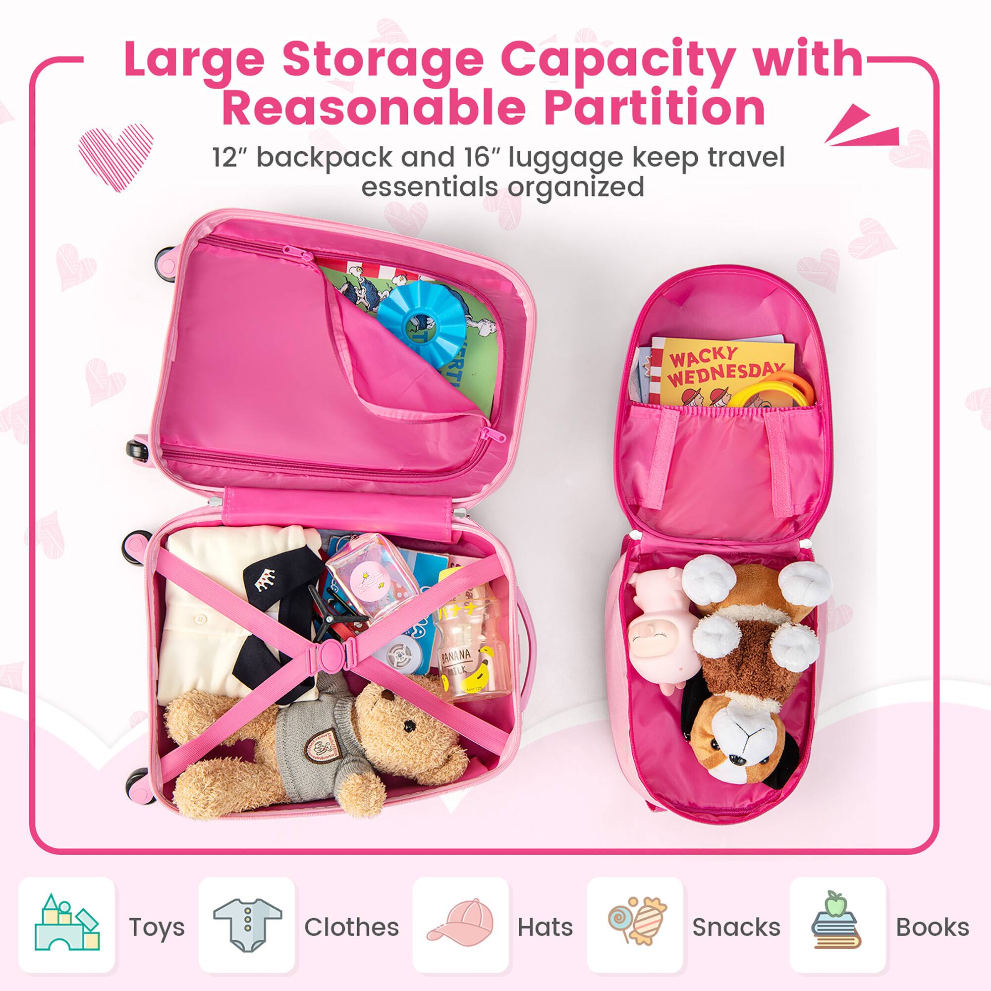 Large Storage Capacity with Reasonable Partition: 12" backpack and 16" luggage keep travel essentials organized.